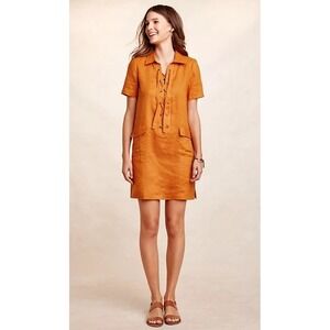 Anthropologie Maeve‎ Linen Dress Lace Up Short Sleeve Orange Pockets Casual